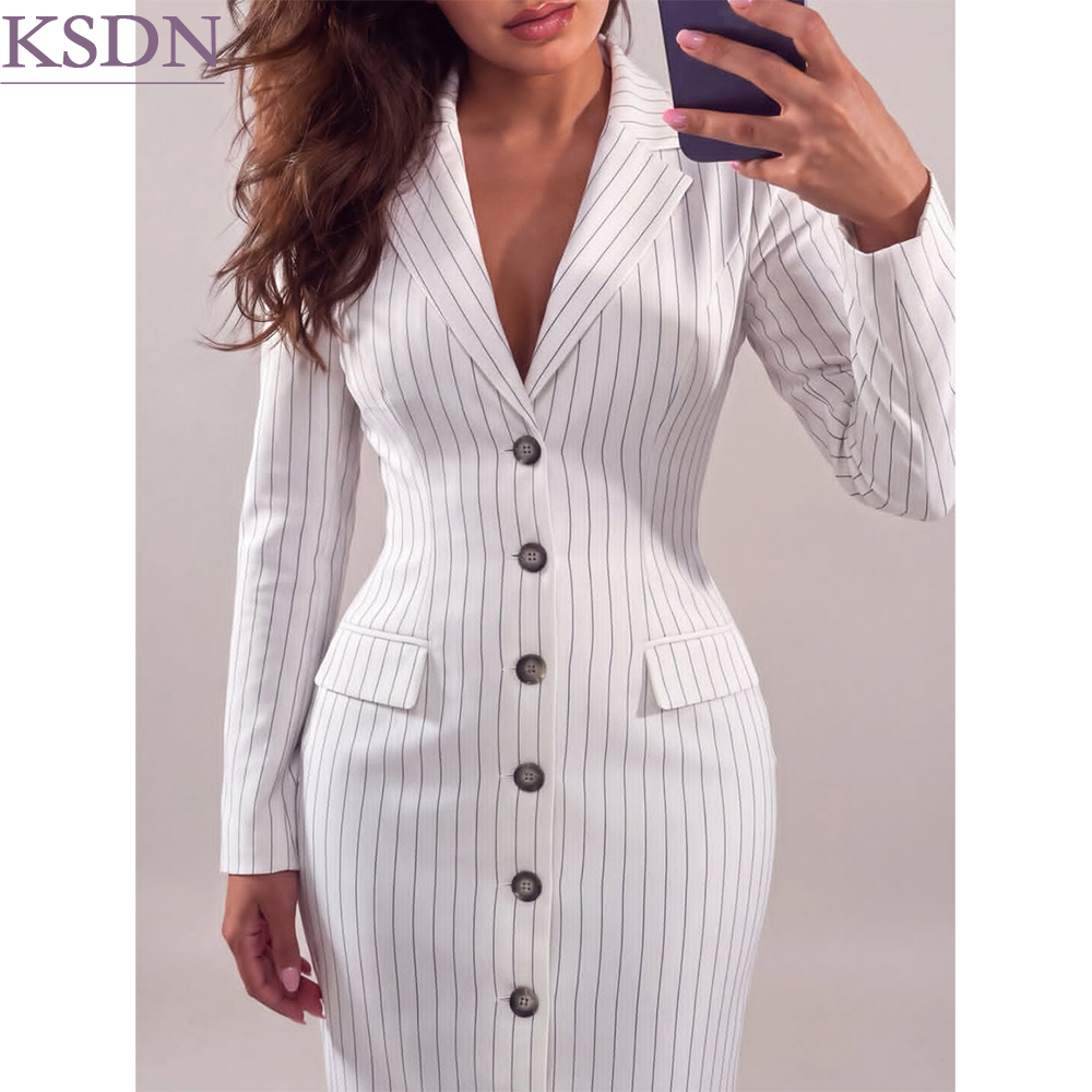 Womens Blazer - Luxury White Stripe Women's Maxi Blazer