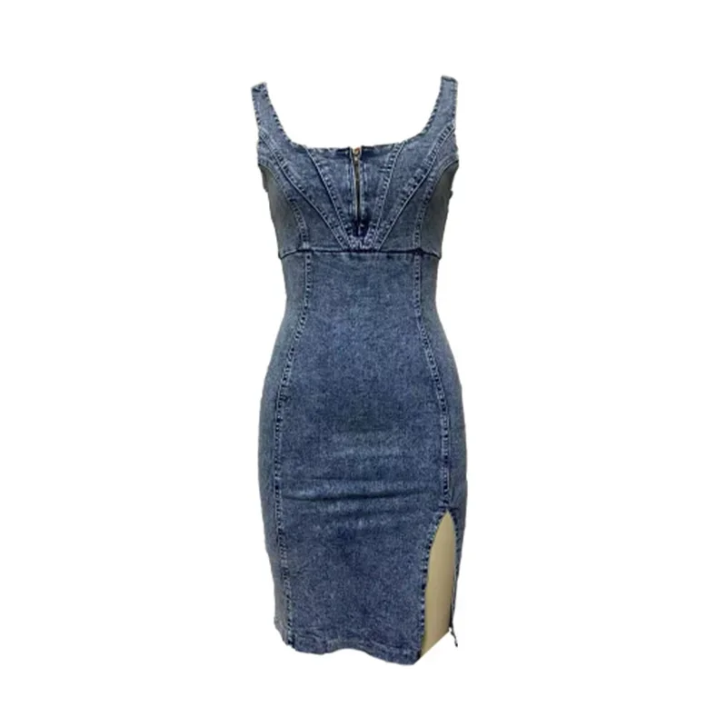 Vintage Slim Fit Denim Wrap Hi - Midi Dress 评论和价格